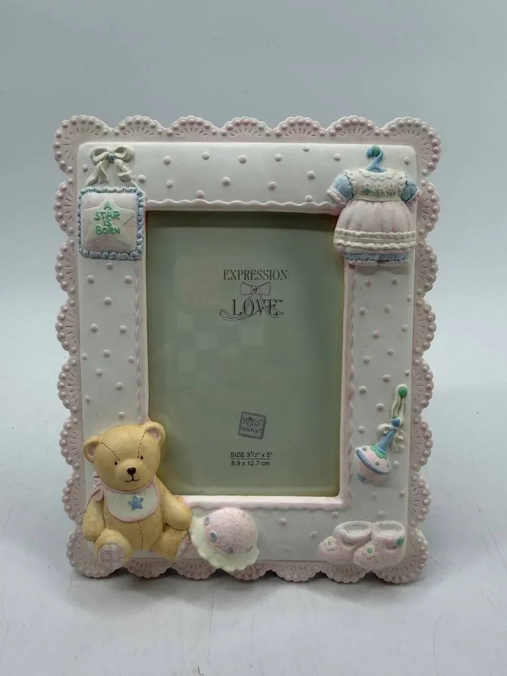 Russ Baby Expression of Love Baby Photo Frame Teddy Bear 3.5x5 Hand Painted NIB